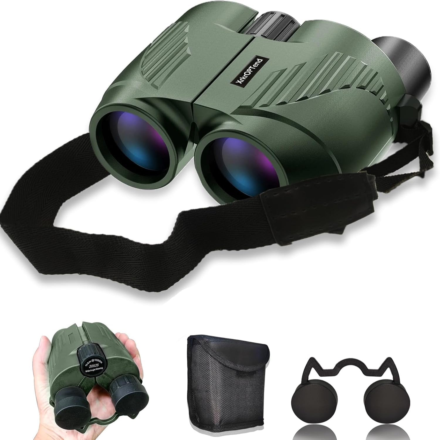 Compact XrKrOPTend binoculars with strap, lightweight and kid-friendly, offering sharp clear views for kids and adults.