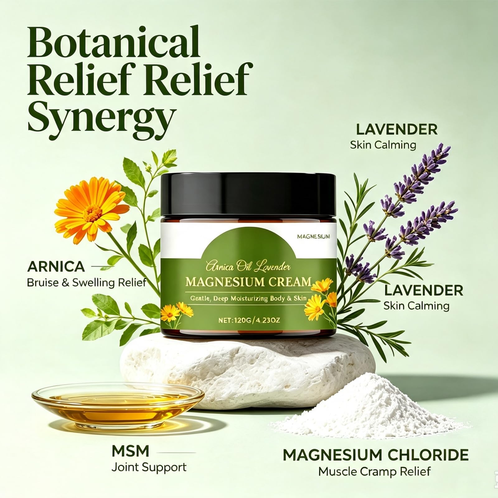 CleJoy Magnesium Cream moisturizer with MSM and arnica, 4.23oz, showing the creamy skincare product in a jar.