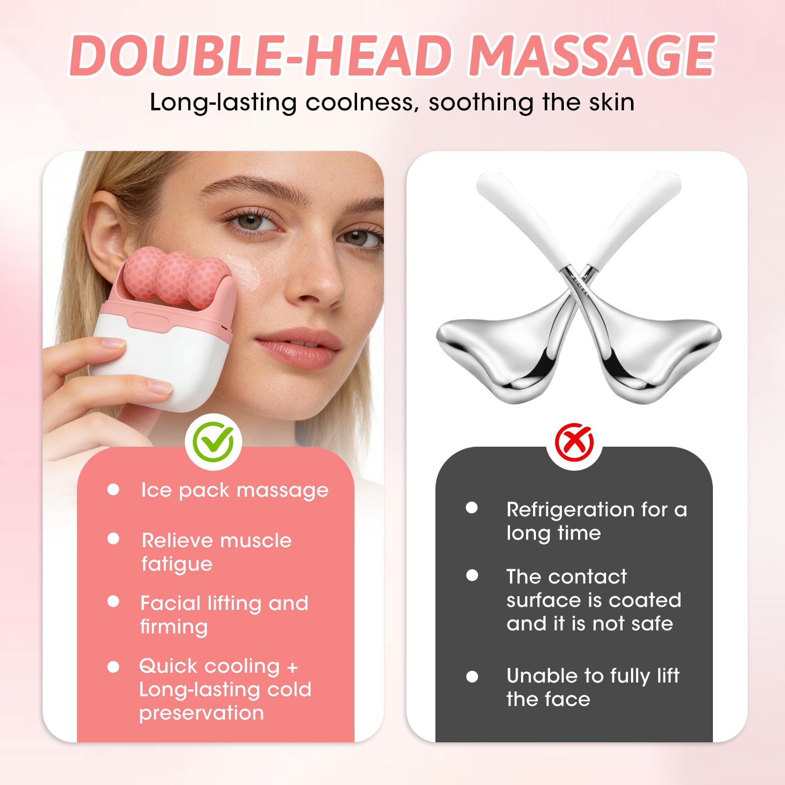 Nextpal ice roller for face and eyes, double-ended facial massager in pink, used for puffiness, wrinkles, and cold therapy.
