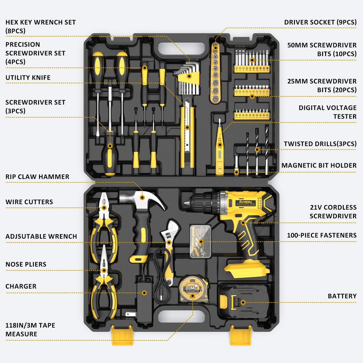 Sundpey 170 Pcs Portable Basic Home Tool Kit Set with 21V - Sundpey Official Imagery - 4