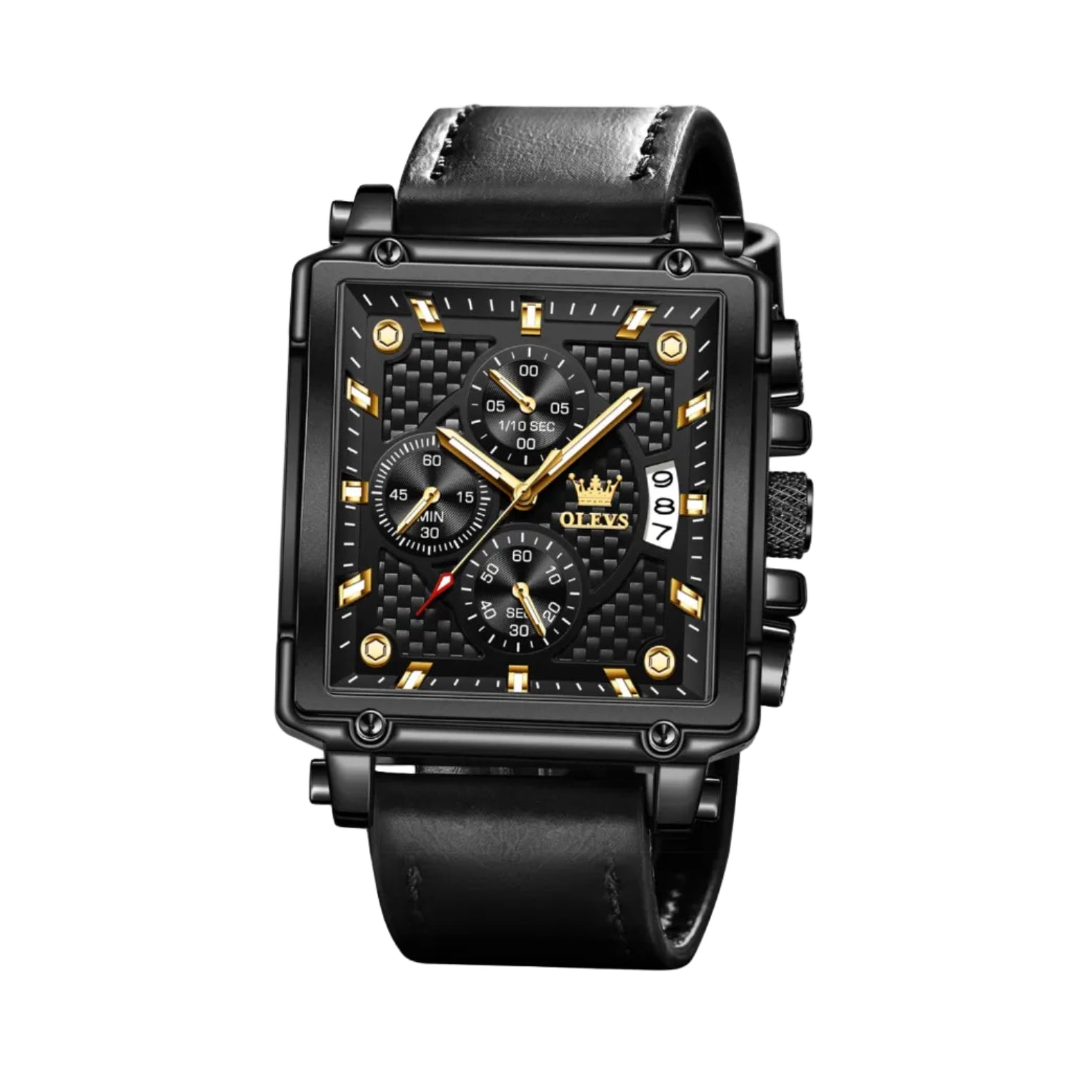A black rectangular analog watch with a textured carbon-fiber-style dial, gold-tone hands and markers, and a black leather strap on a white background.