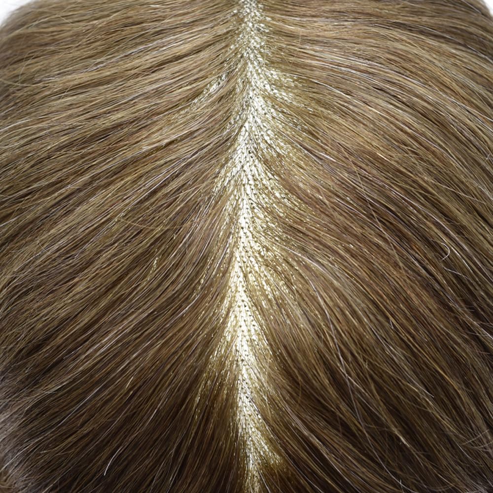 Curve Hair Mens Toupee Human Hair Piece Replacement System Monofilament Wig Hair Unit for Men Durable Poly Coated Mens Hairpiece (#550 Light-Med Brown+50% Gray, 8"X10")