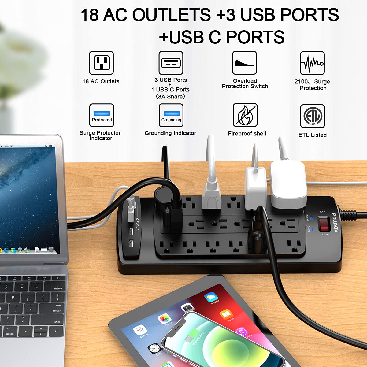 18 Outlets Surge Protector Power Strip - POWSAV Official Imagery - 3