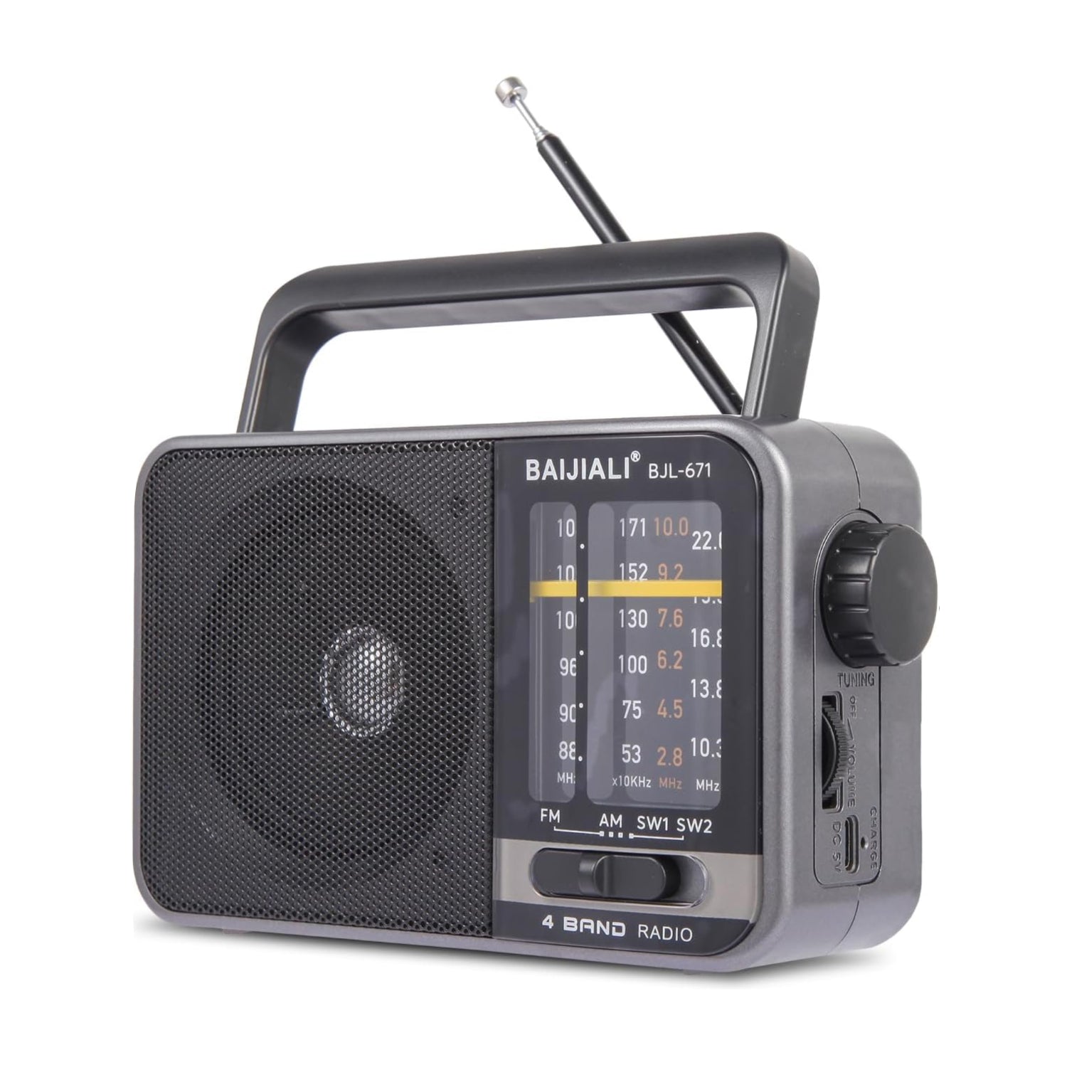 BAIJIALI portable AM/FM transistor radio with loud speaker, powered by batteries or USB, visible controls and antenna in the image.