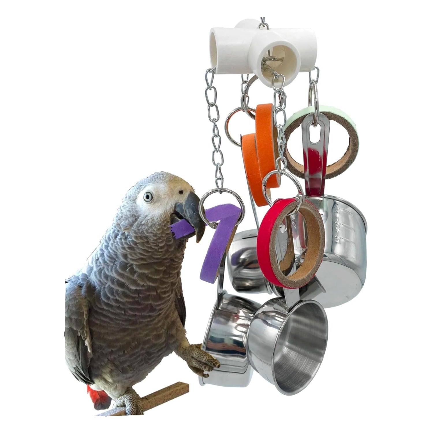 GILYGI durable bird toys with parrots pots, pullable stainless steel cup, cardboard components for interactive bird play.