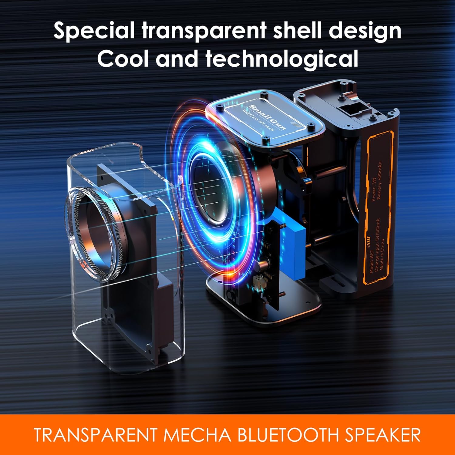 Black BSZHI portable wireless Bluetooth speaker with transparent design and compact size, ideal for on-the-go audio.