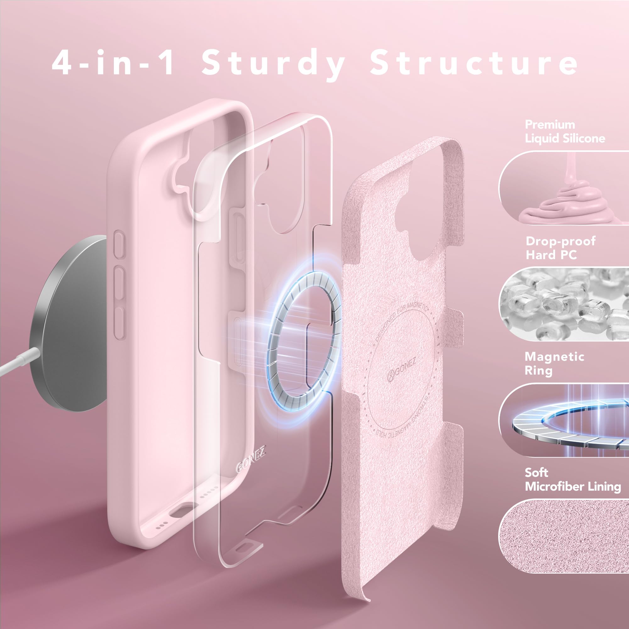 GONEZ Magnetic for iPhone 16 Case, Silicone Cover Chalk Pink - GONEZ Official Product View 6