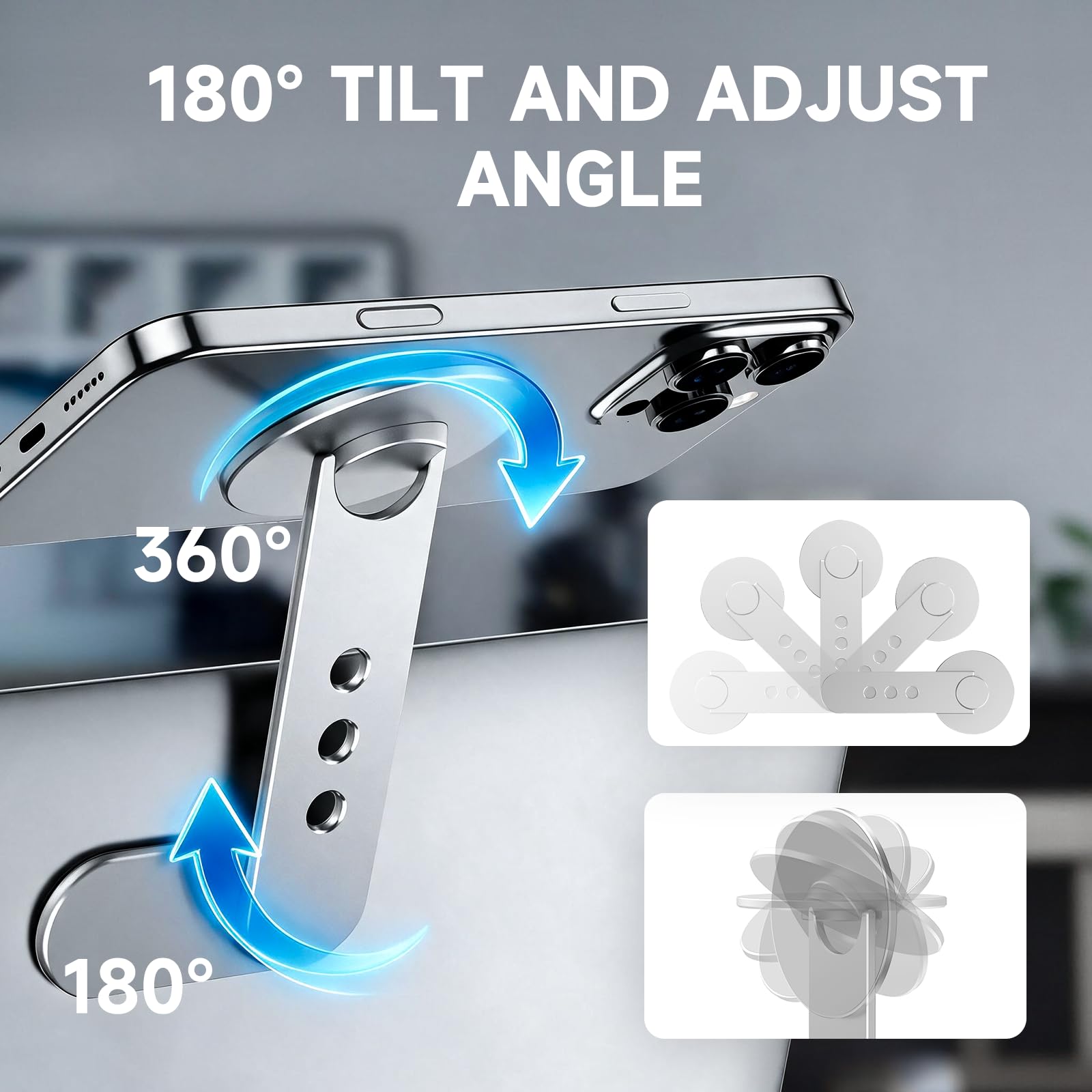 Tongyu portable electronic device stand holding an iPhone mounted on a rotating bracket attached to a MacBook laptop monitor.