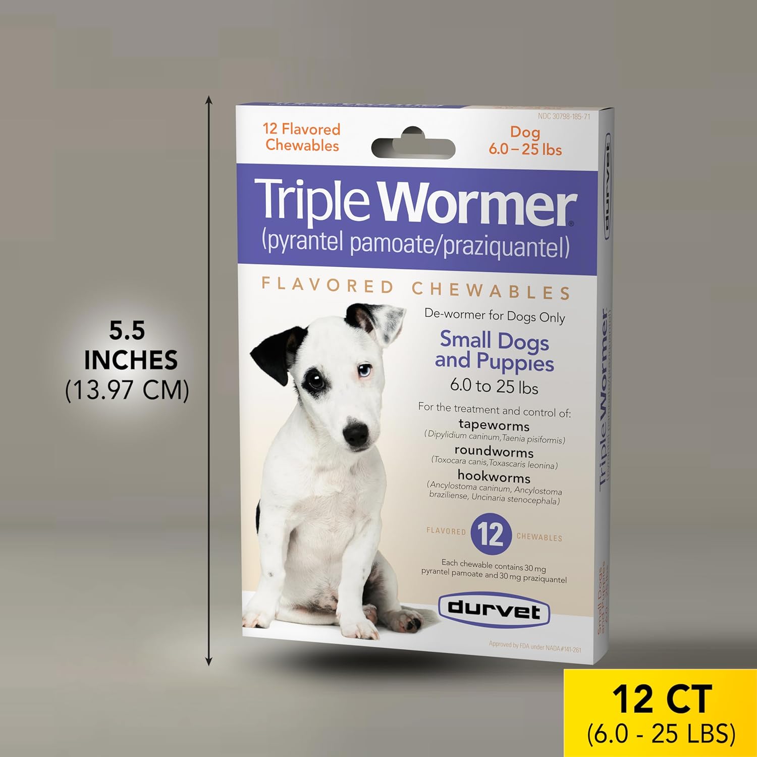 Durvet 12-pack of Triple Wormer Tablets for puppies and small dogs, showing blister packs of chewable deworming tablets.