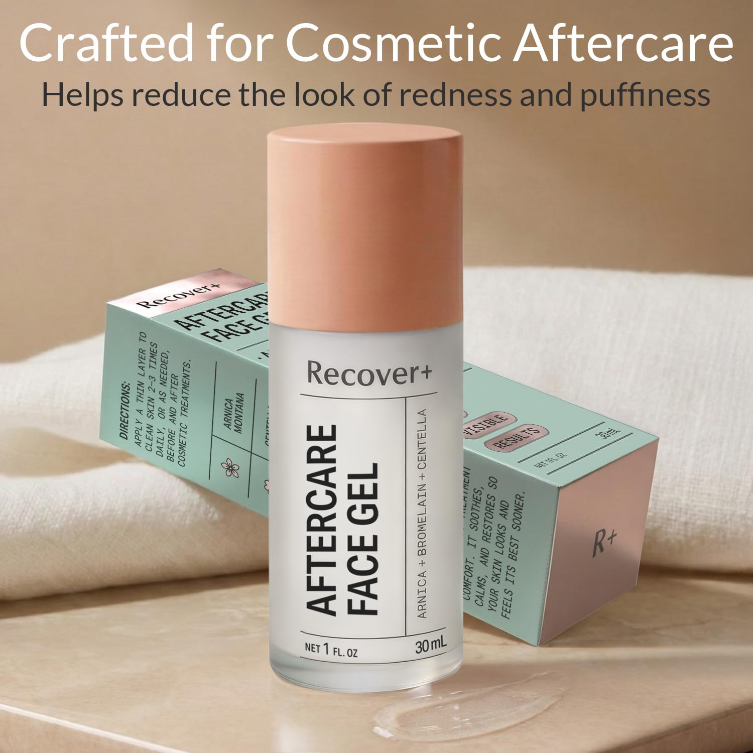 Escentile Arnica Face Gel, a skin moisturizer for aftercare recovery, showing the gel in a clear container with fresh ingredients.