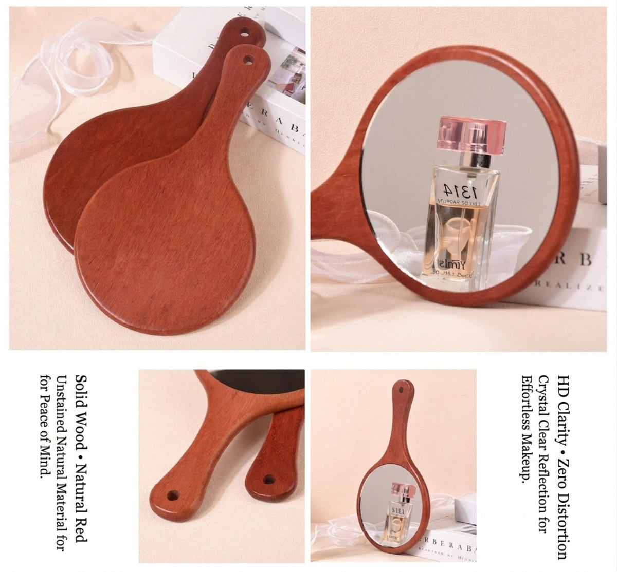 Solid Red Sandwood Handheld Mirror with Handle HD Crystal - URVIP Official Imagery - 8