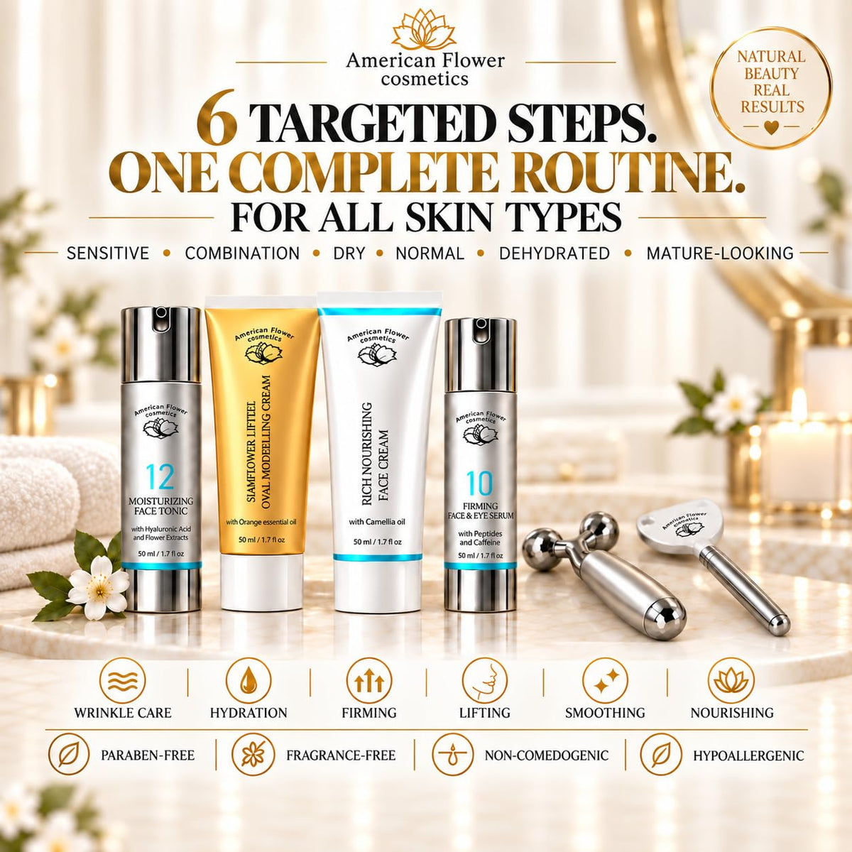 6 Piece Anti Aging Skincare Set Firming Face Care Gift Set - AMERICAN FLOWER COSMETICS Official Imagery - 8