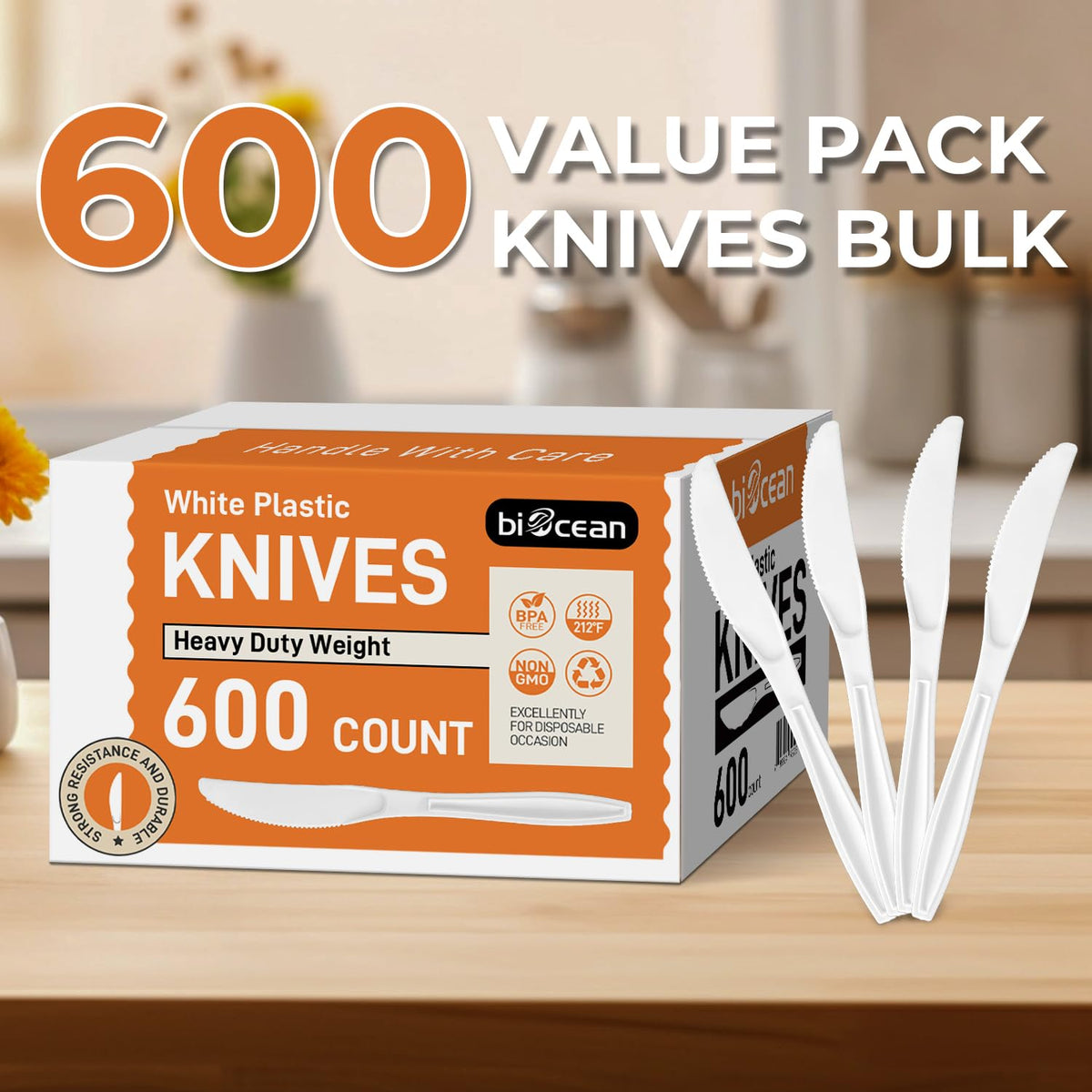 600Pack Disposable Plastic Knives Bulk White Heavy Duty - biocean Official Imagery - 8