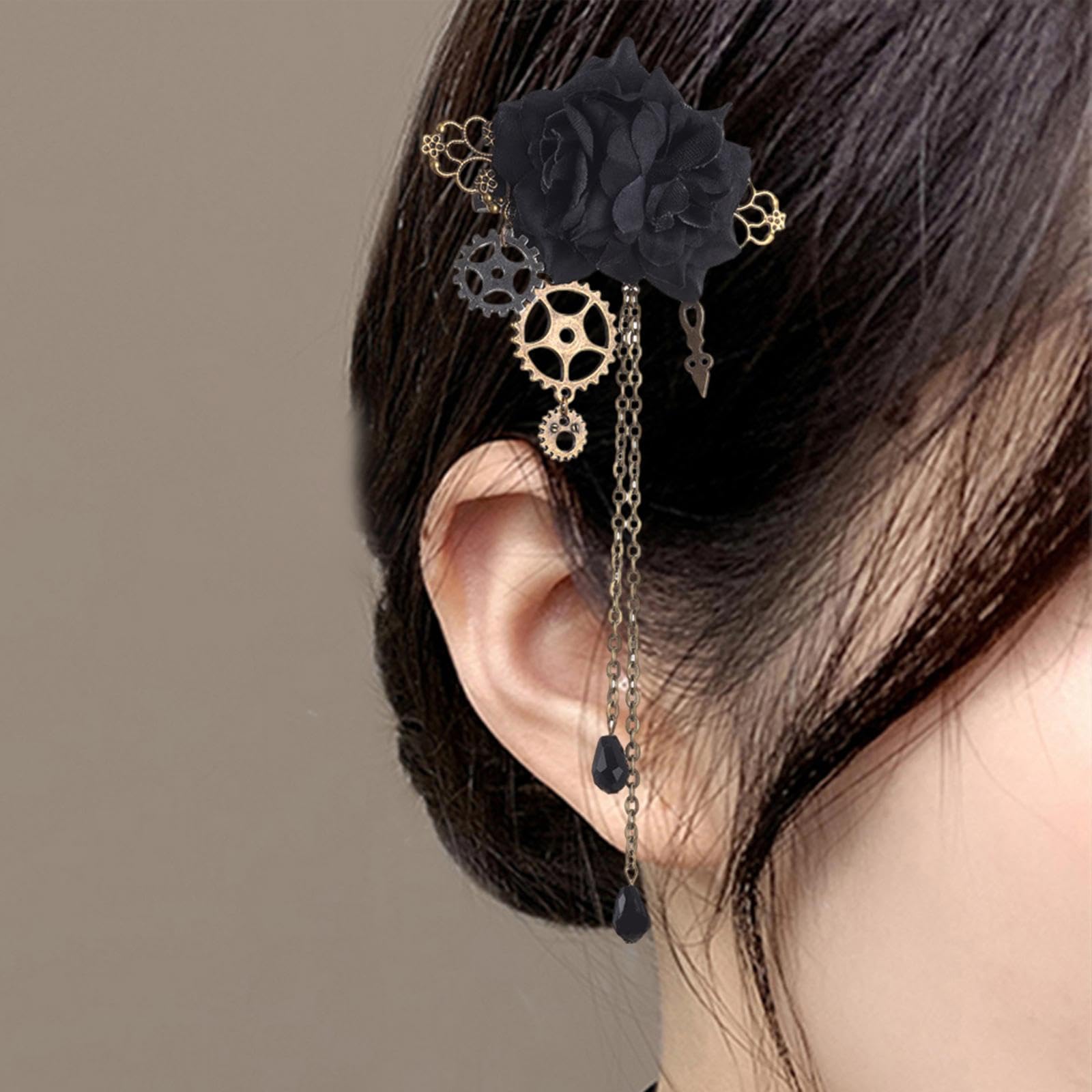 Gold steampunk tassel chain rose hair clip brooch with decorative tassels and intricate design, suitable as an apparel pin accessory.
