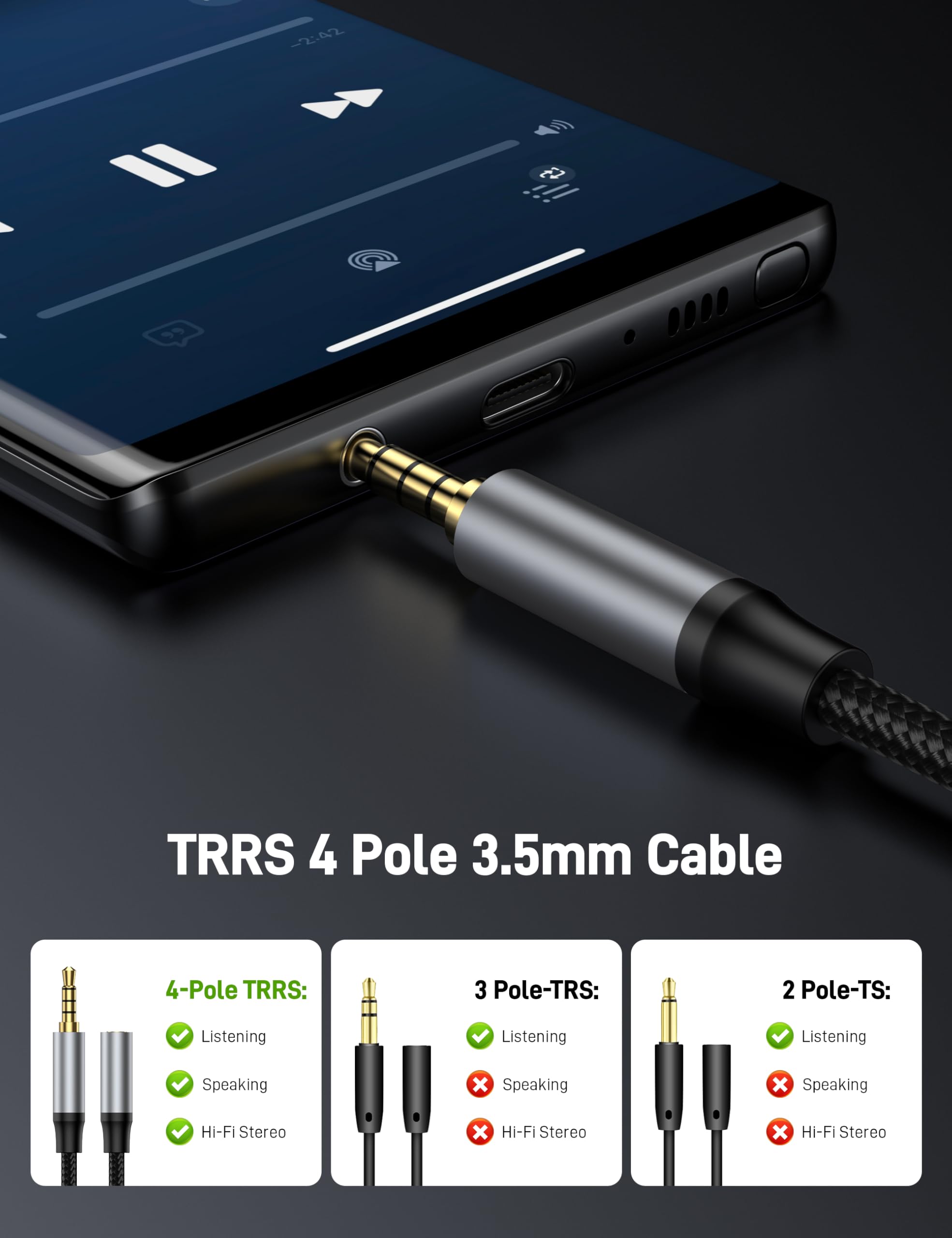 KAYQINHO 3.3FT 3.5mm TRRS Headphone Extension Cable, 2Pack 4 Pole by KAYQINHO - Angle View 6