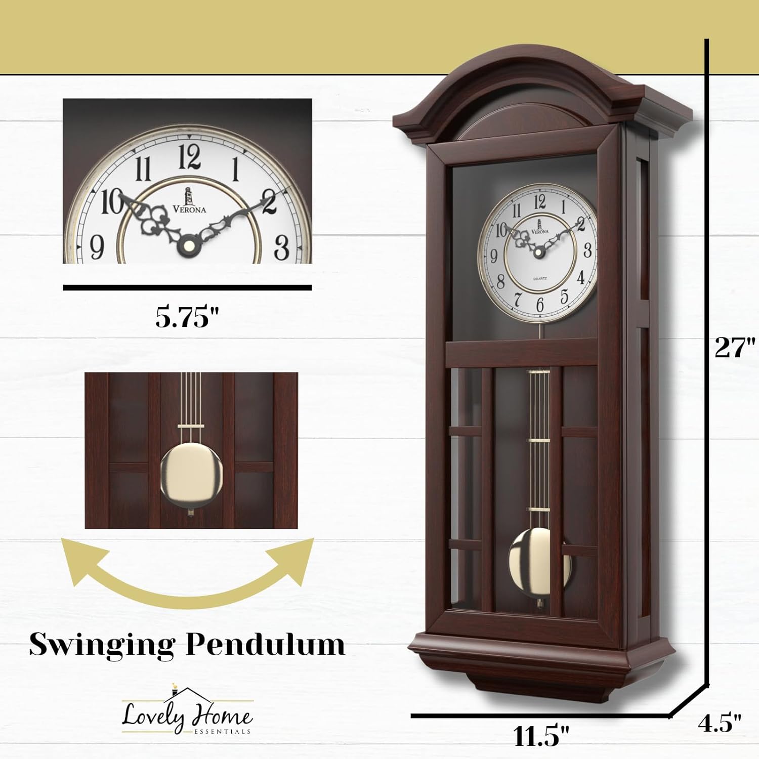 Elegant 27-inch wooden pendulum wall clock by Lovely Home Essentials with a classic design and hanging mechanism.