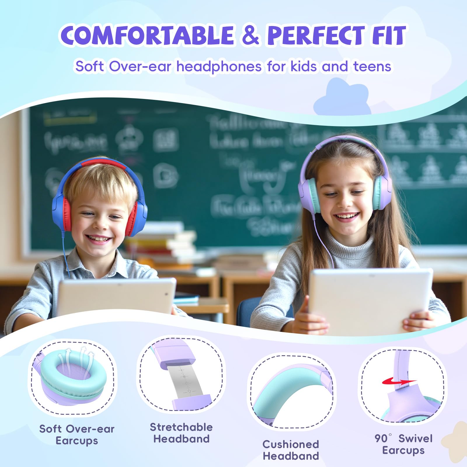 Purple wired kids headphones with microphone, safe volume limit, compatible with tablets and computers, by Botesty Sound.