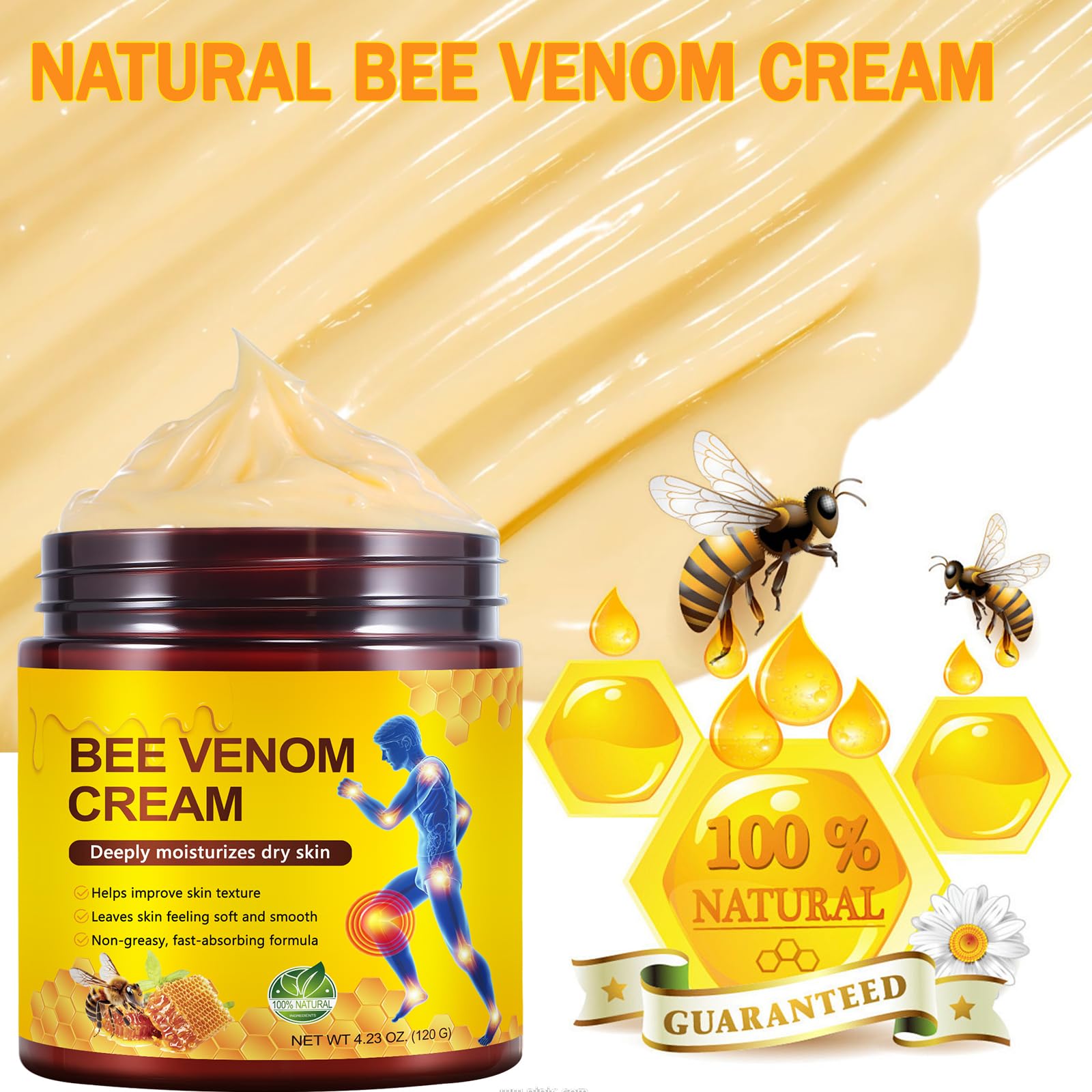 IKZEE Bee Venom Cream, natural face and body moisturizer, shown in a jar with bee venom ingredients for skincare.
