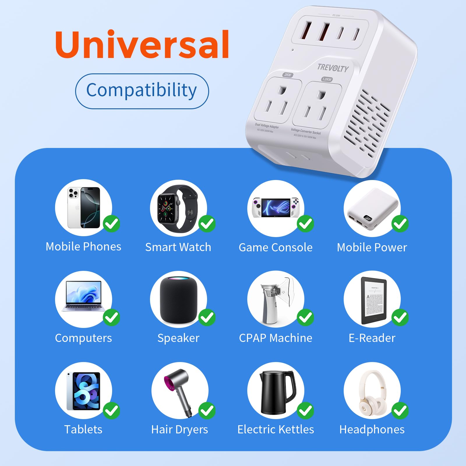 TREVOLTY 2000W voltage converter for US to Europe, white 7-in-1 travel power adapter with multiple USB and AC ports.