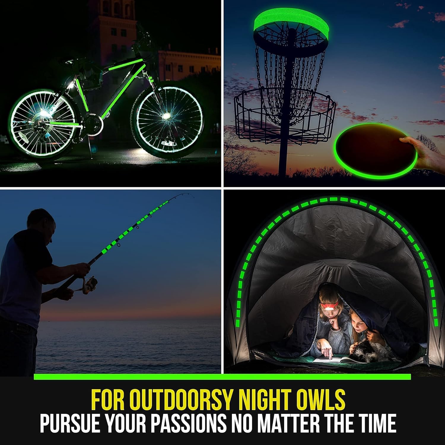 Bright glow-in-the-dark Lockport tape, 30 ft x 1 in, rechargeable and reflective for safety and visibility in low light conditions.