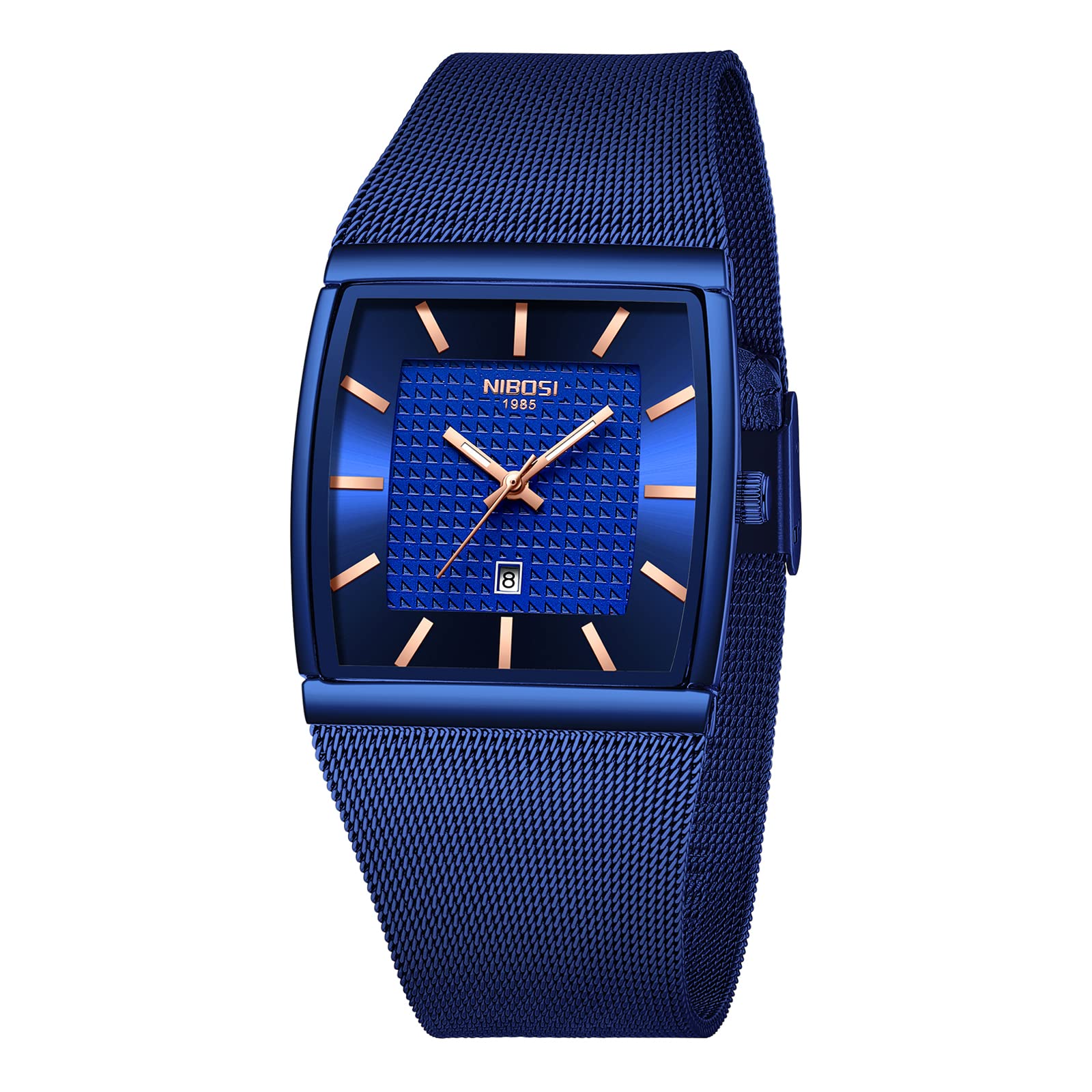 NIBOSI Men's Blue Square Dial Mesh Watch | Date Display