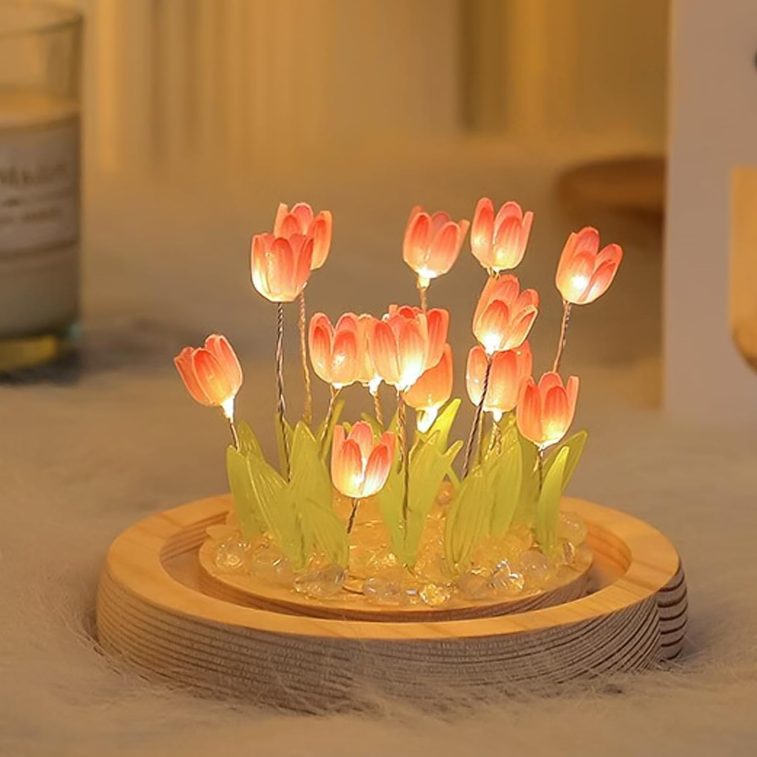 ONXE tulips night light with a cute flower design inside a glass dome, ideal for romantic home room decor.