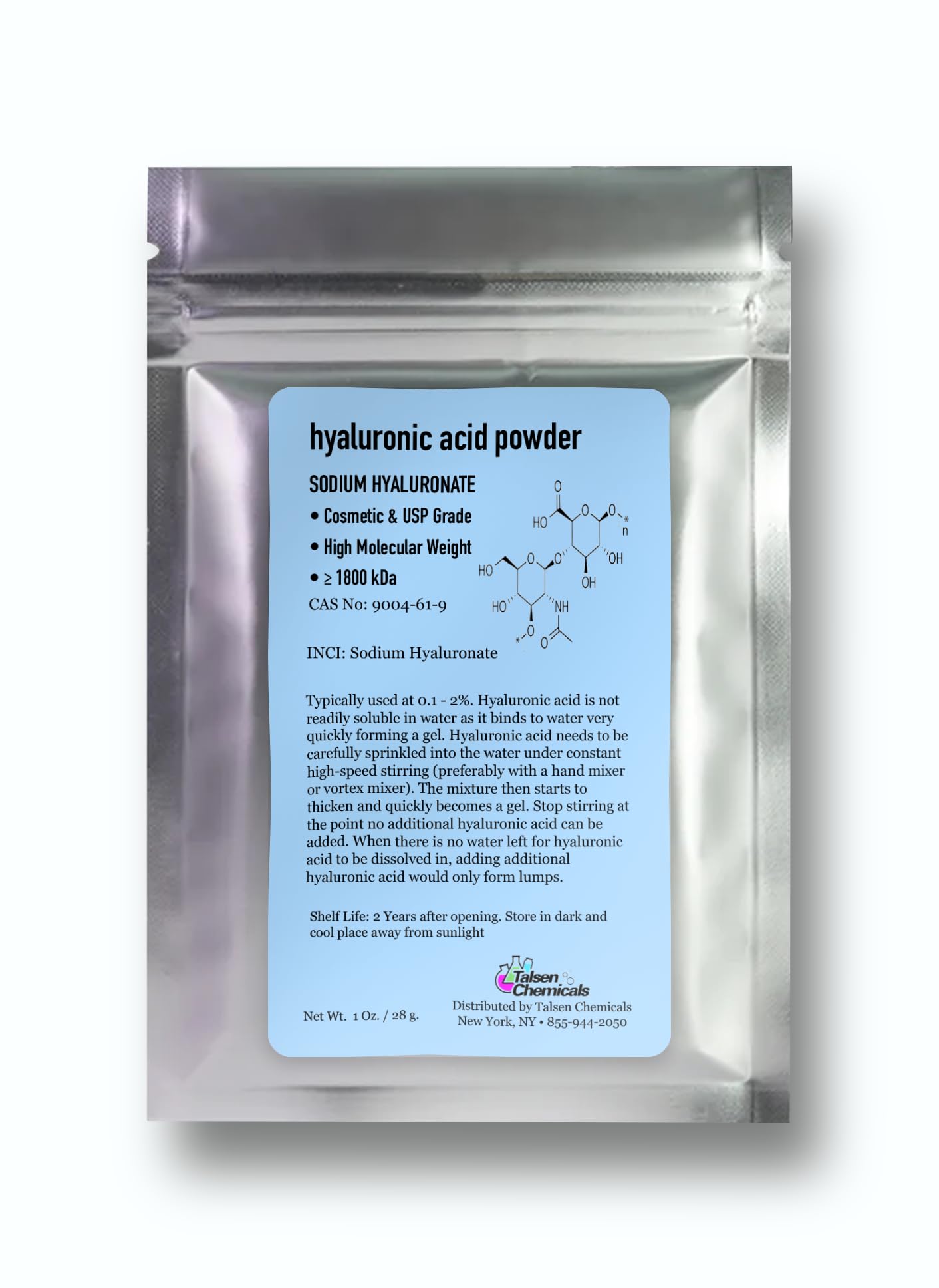 Talsen Chemicals Pure Hyaluronic Acid Powder 1800 kDa+ Natural Cosmetic Grade, - Talsen Chemicals Official Product View 2