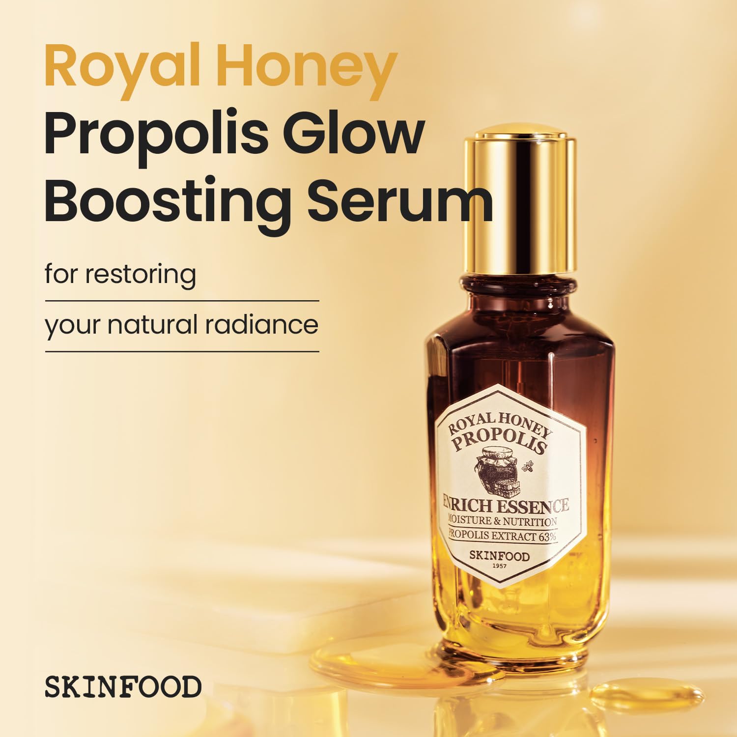 SKINFOOD Royal Honey Propolis Enrich Essence - 63% Black Bee Propolis & 10% Royal Jelly Extract Face Serum - Propolis Serum for Skin, Valentine Day Gift - 1.69 Fl. Oz. (50mL) - SKINFOOD 1957 Official Product View 3