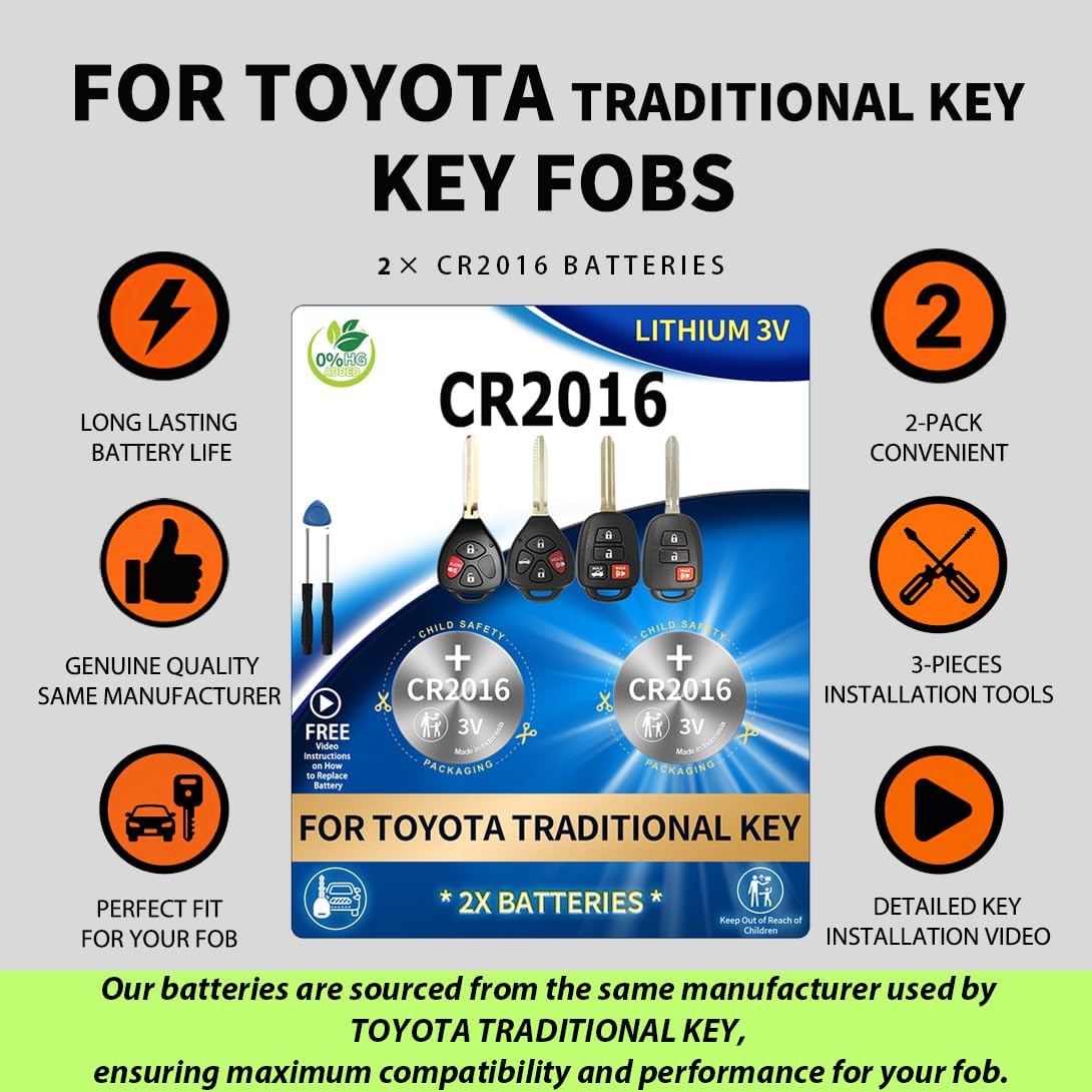 Set of two IYUKETROR CR2016 batteries for Toyota traditional key fob replacement, compact and reliable power source.