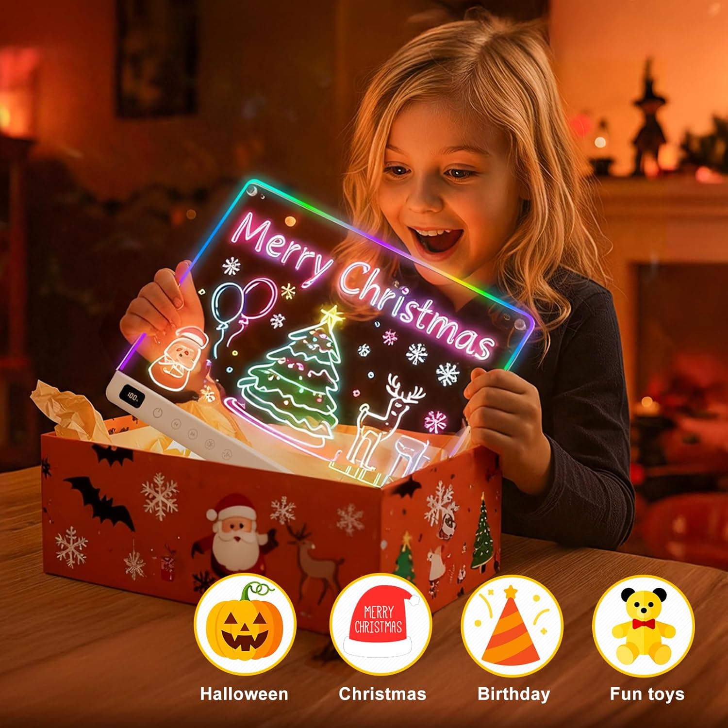 Lumiboard 16-inch LED drawing board with 13 light effects and rechargeable glow doodle surface for creative note-taking and art.