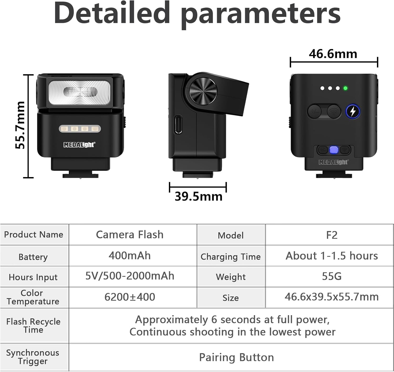 MEDALight F2 Mini Camera Flash with 2.4GHz wireless off-camera flash, compact design, and adjustable head for photography lighting.