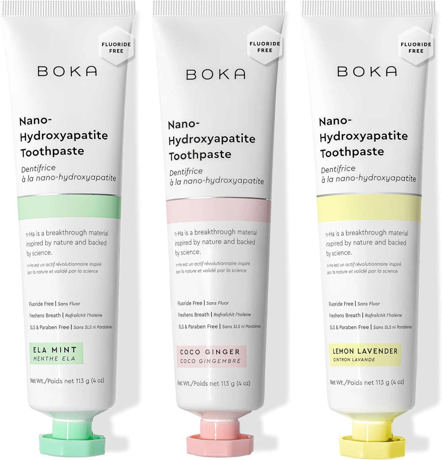 Boka fluoride-free toothpaste with nano hydroxyapatite for sensitive teeth, showing a tube of Boka toothpaste on a white background.