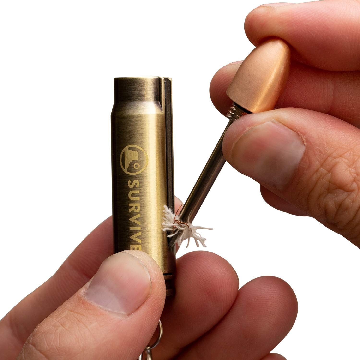 SURVIVE permanent match bullet metal keychain with quick clip, reusable survival tool for outdoor and emergency use.