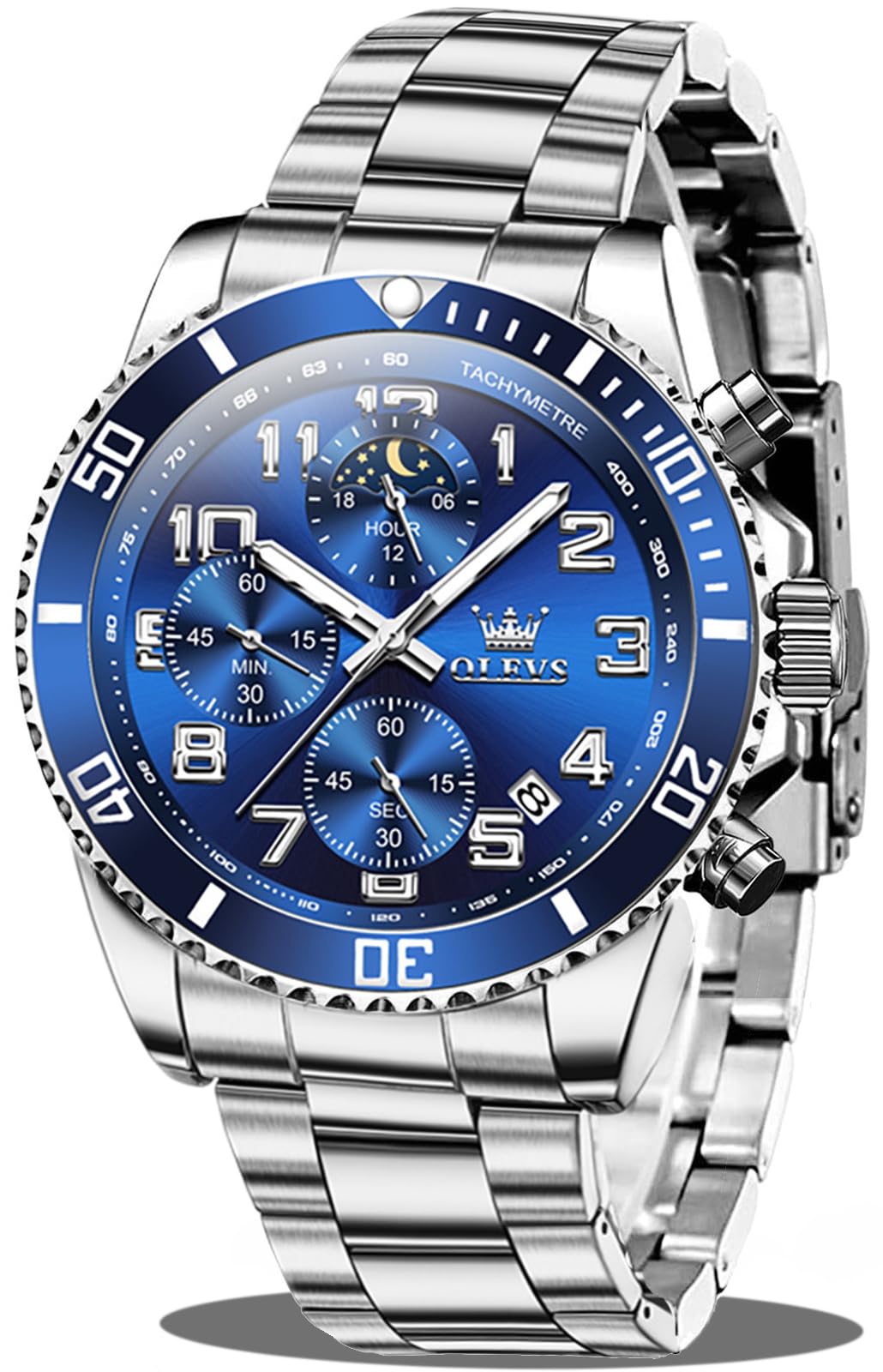 OLEVS Mens Stainless Steel Watch Fashion Luxury Big Face Analog - Product Imagery