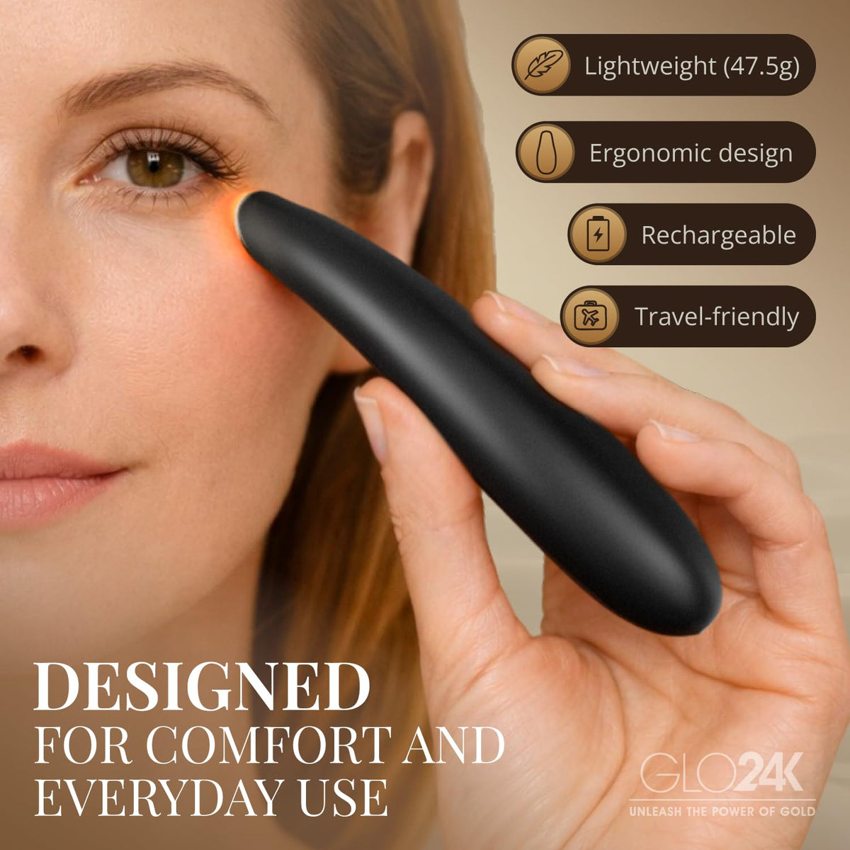 GLO24K Heated Eye Massager Wand with Vibration for Under Eye - GLO24K UNLEASH THE POWER OF GOLD Official Imagery - 7