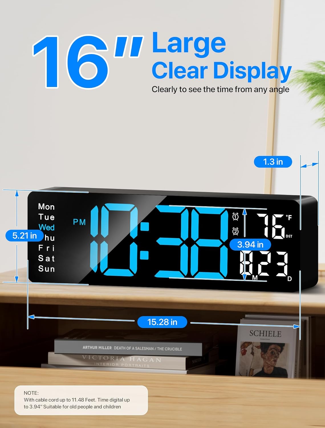MASHI 16-inch digital wall clock with large display and remote control, showing the time in bold black numerals.