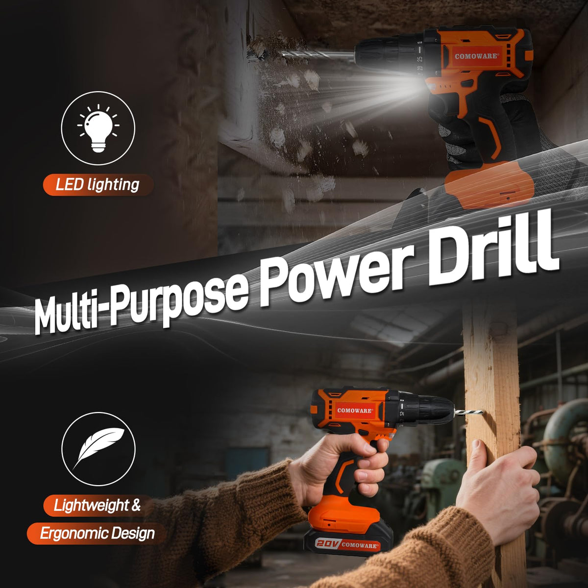 COMOWARE 20V Cordless Drill Set 120Pcs Home Tool Kit w - COMOWARE Official Imagery - 6