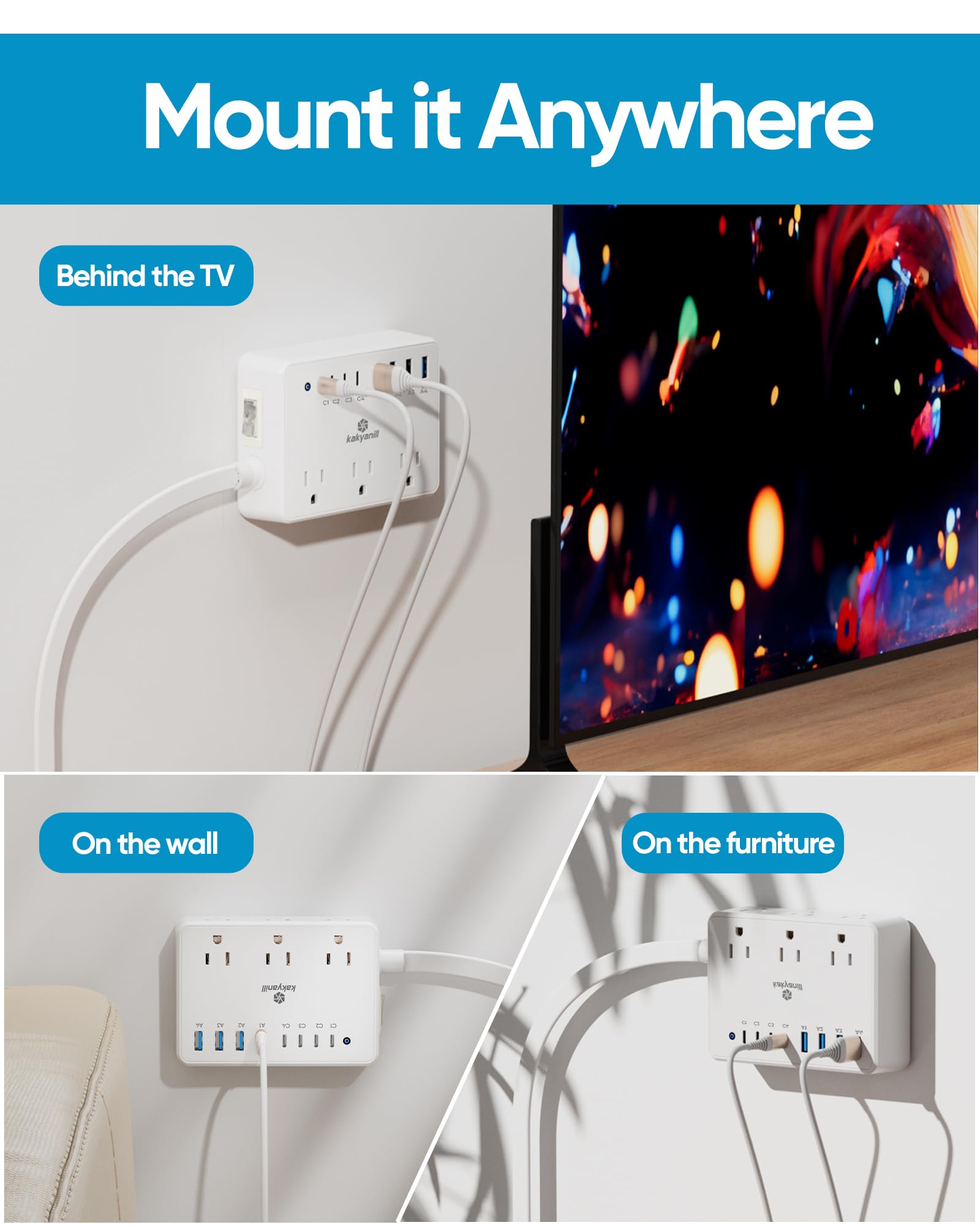 kakyanill 100W Charging Station, Power Strip with 6 AC Outlets 8 USB Ports - kakyanill Official Product View 6