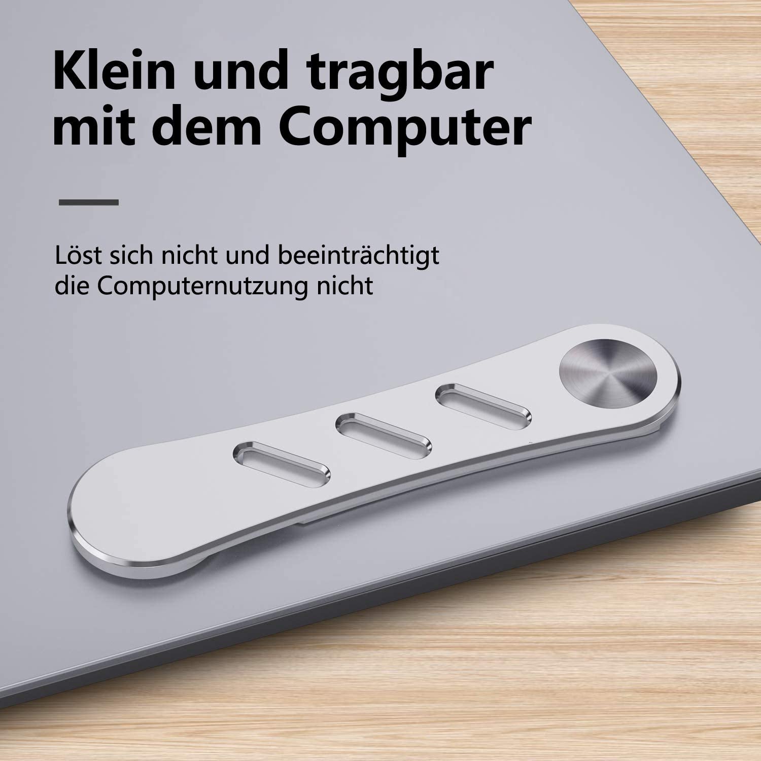 DK177 magnetic phone holder attached to a laptop monitor, showcasing its slim, foldable design and compatibility with all phones.