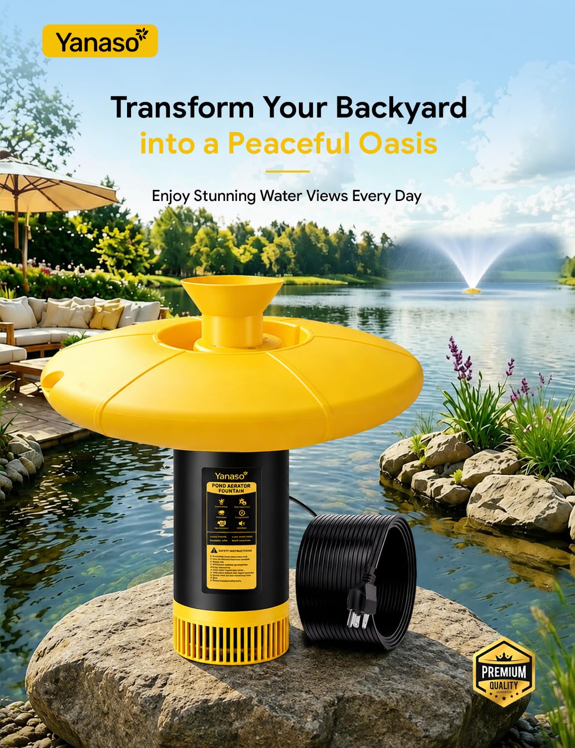 YANASO 1HP Pond Fountain Aerator, 15000 GPH Floating Fountain Pum - YANASO Official Product View 6