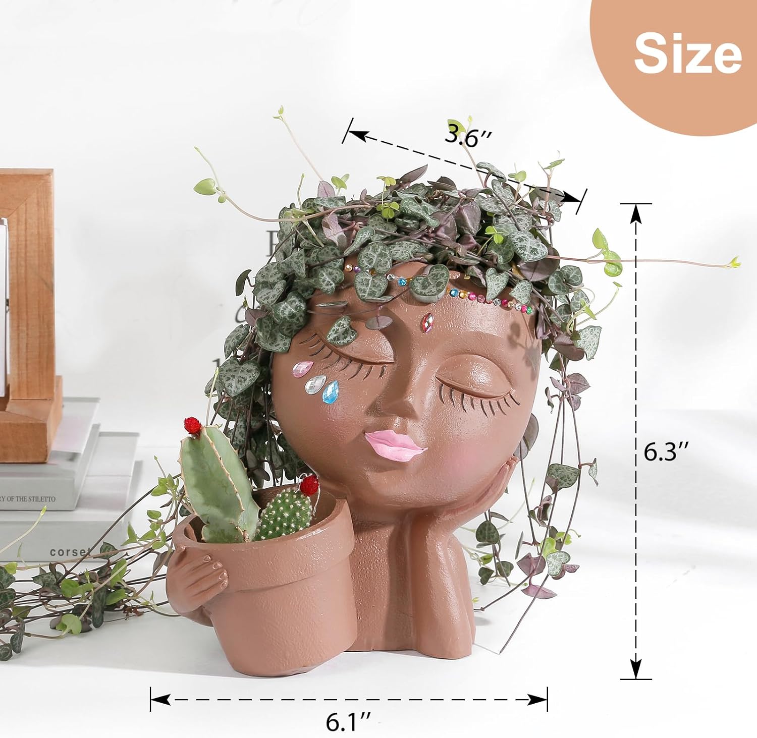Black vomiceak face planter pot featuring a double head design, suitable for indoor and outdoor plants, resembling a stylish lady.