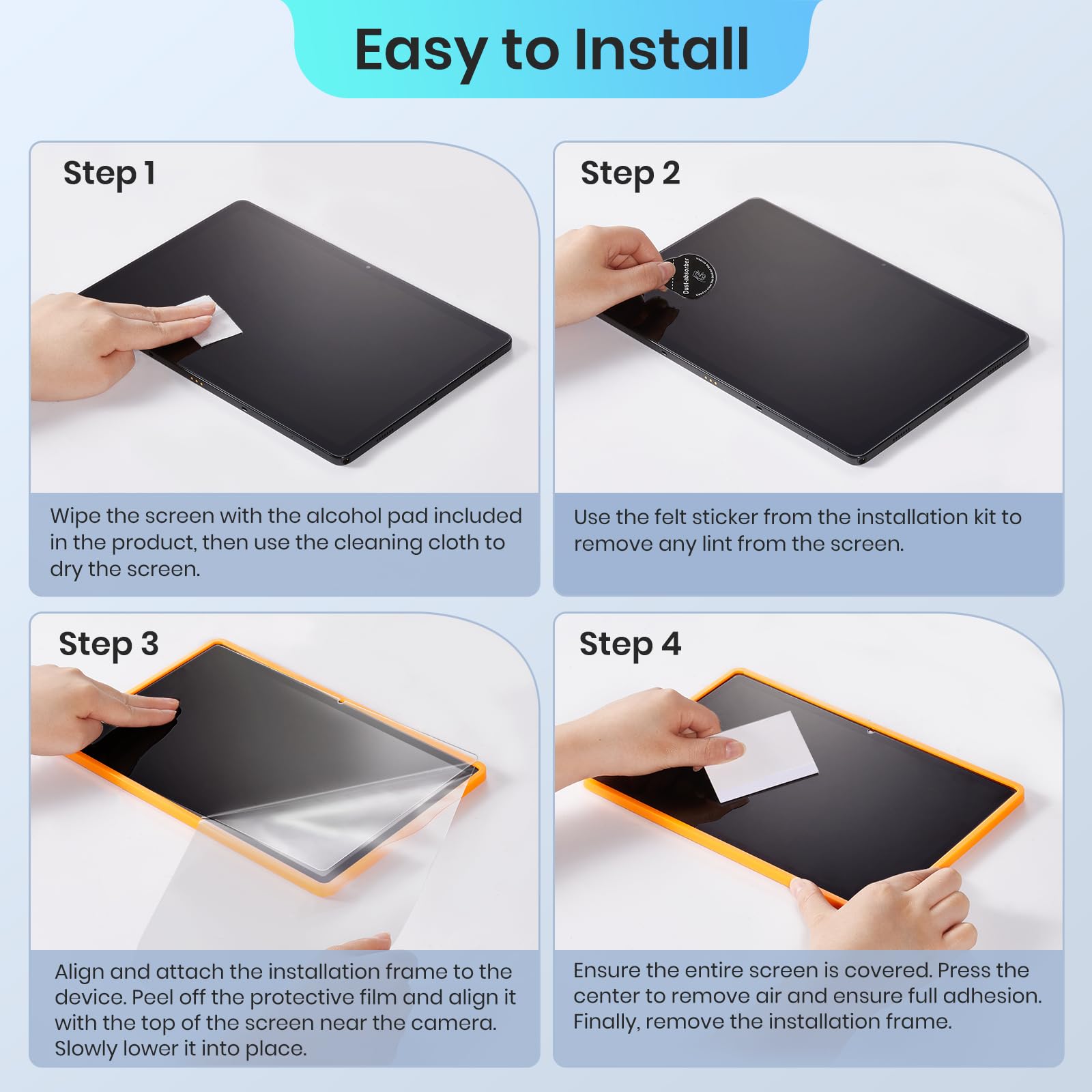 CoBak 2-pack tempered glass screen protectors for Samsung Galaxy Tab A11 Plus and A9 Plus, with installation frame and 9H hardness.