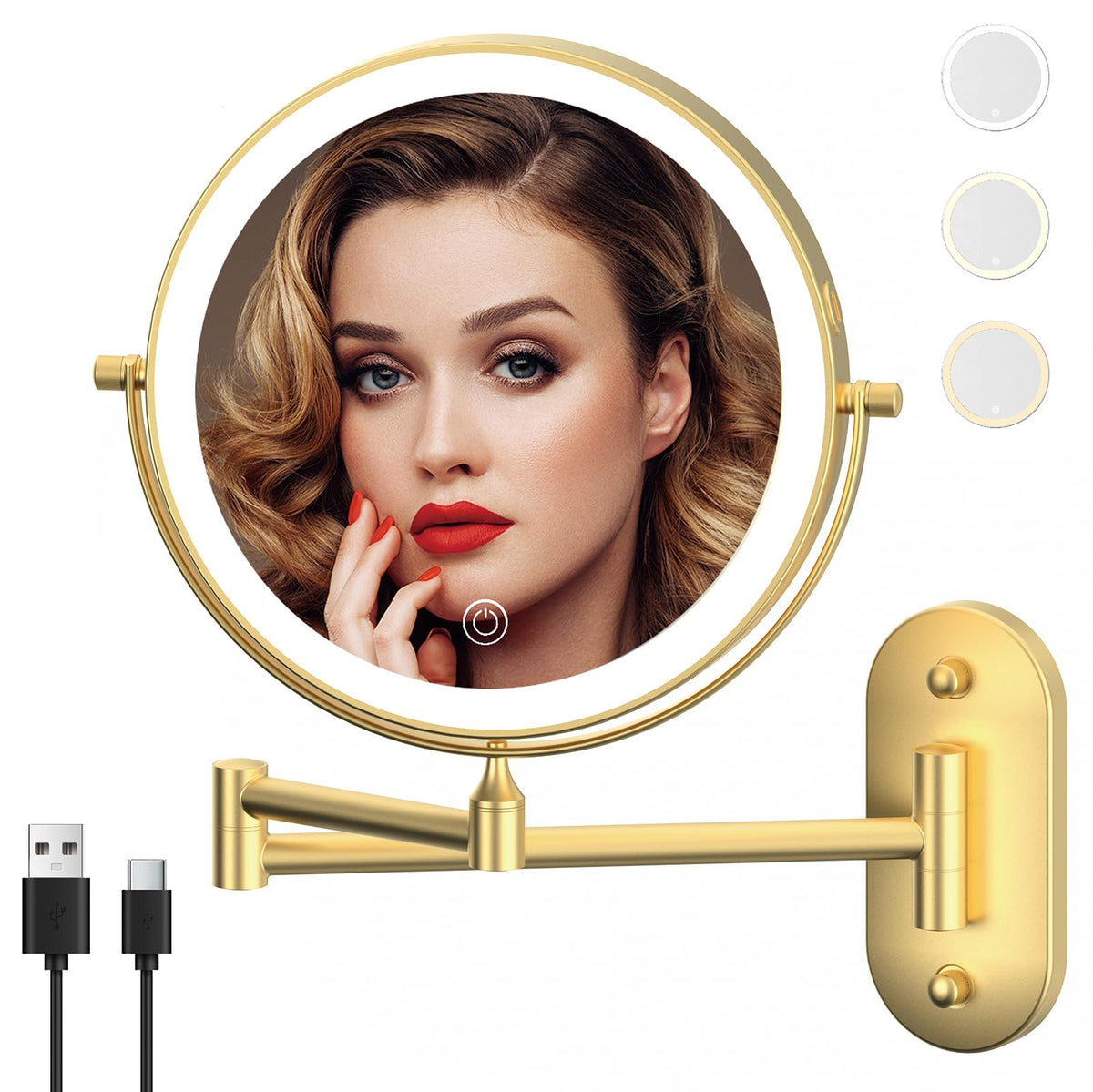 9 Wall Mounted Lighted Makeup Mirror Oval Base 10X Gold - MIROAMZ Official Imagery - 8