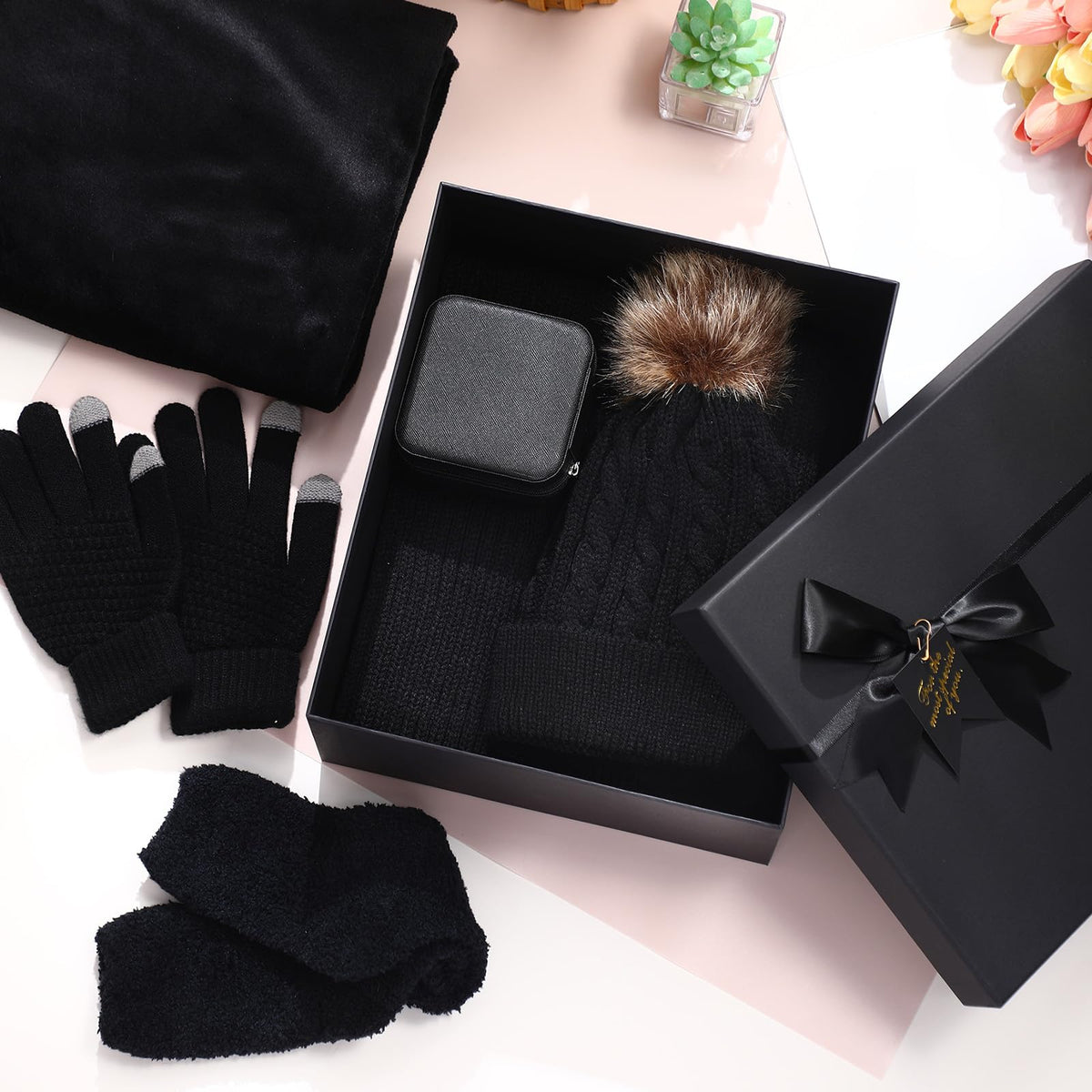 7 Pcs Winter Gift Set for Woman Hat Scarf Gloves Set Throw - Mumucove Official Imagery - 8