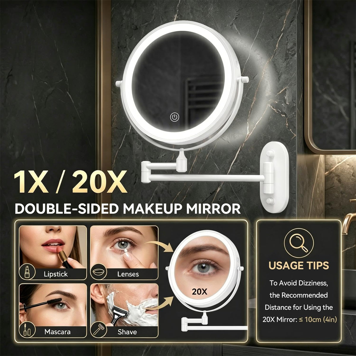 Auxmir 1X 20X Wall Mounted Makeup Mirror 8 Rechargeable - Auxmir Official Imagery - 4