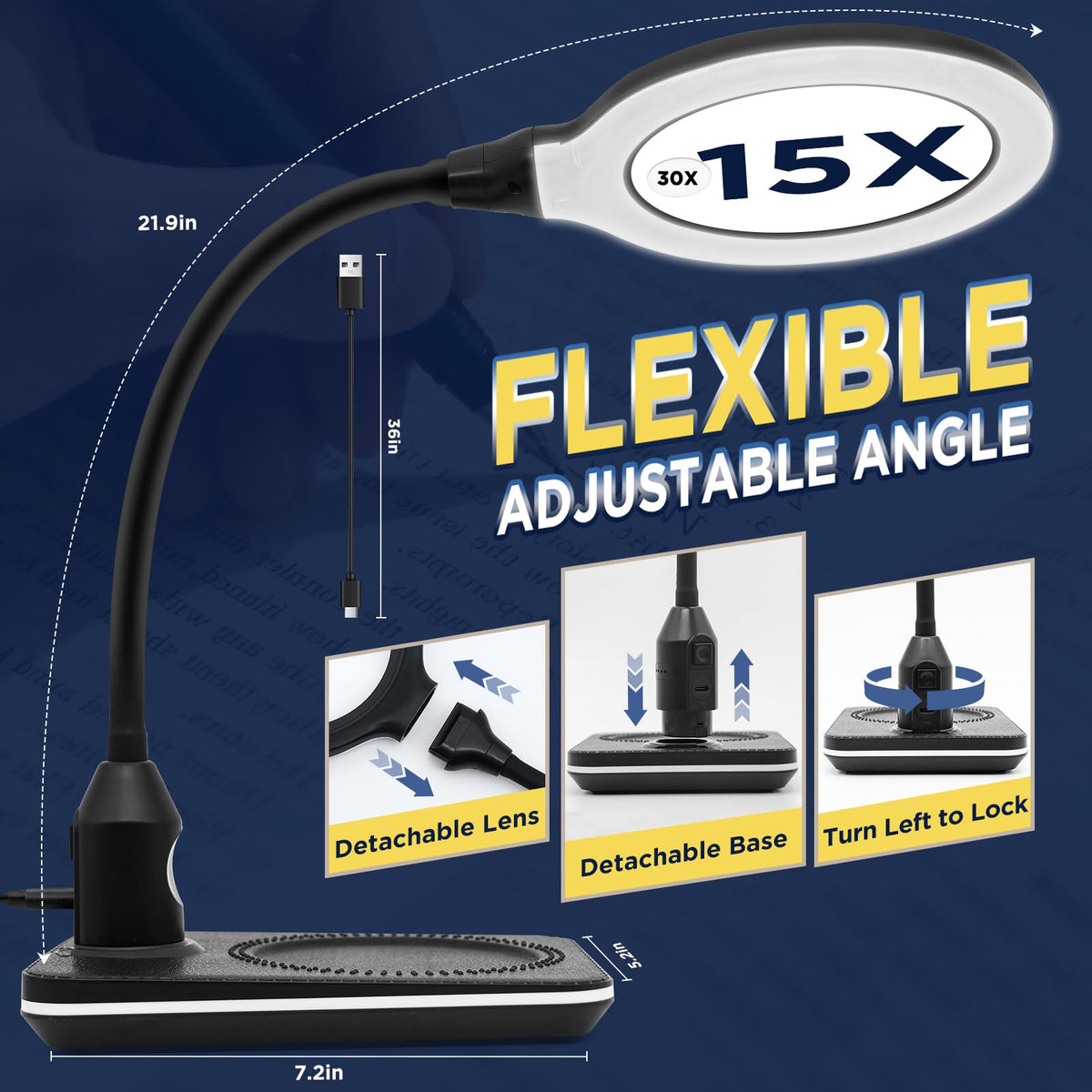15X 30X Rechargeable Magnifying Glass with Light and Stand - Huiboer Official Imagery - 3
