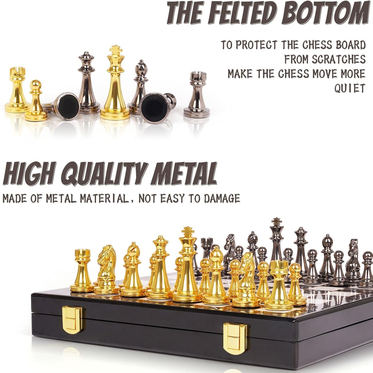 Marbling metal chess set with detailed chess pieces on a matching chessboard, perfect for adult players and collectors.