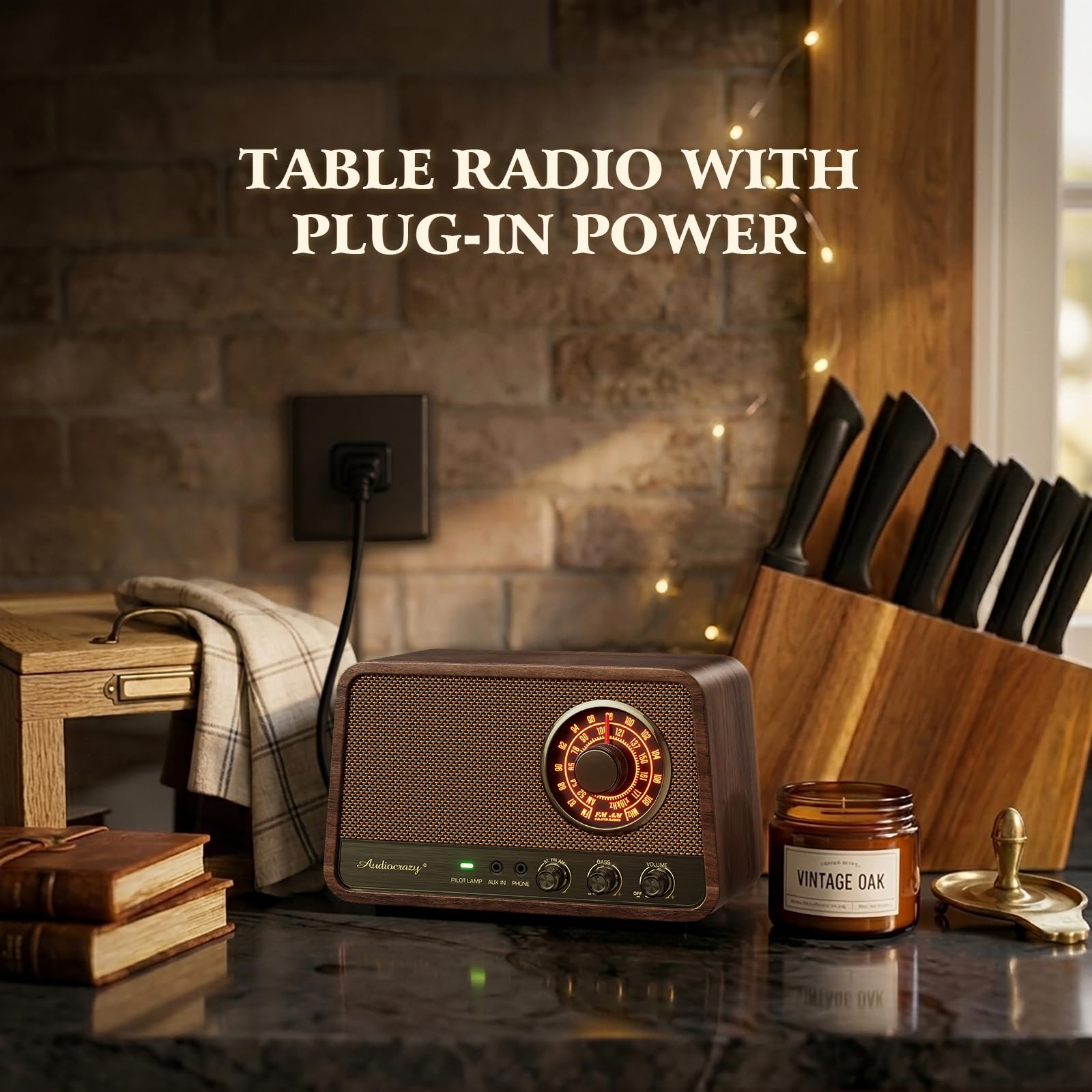 Audiocrazy Vintage Wood AM FM Bluetooth Radio, 10W Espresso