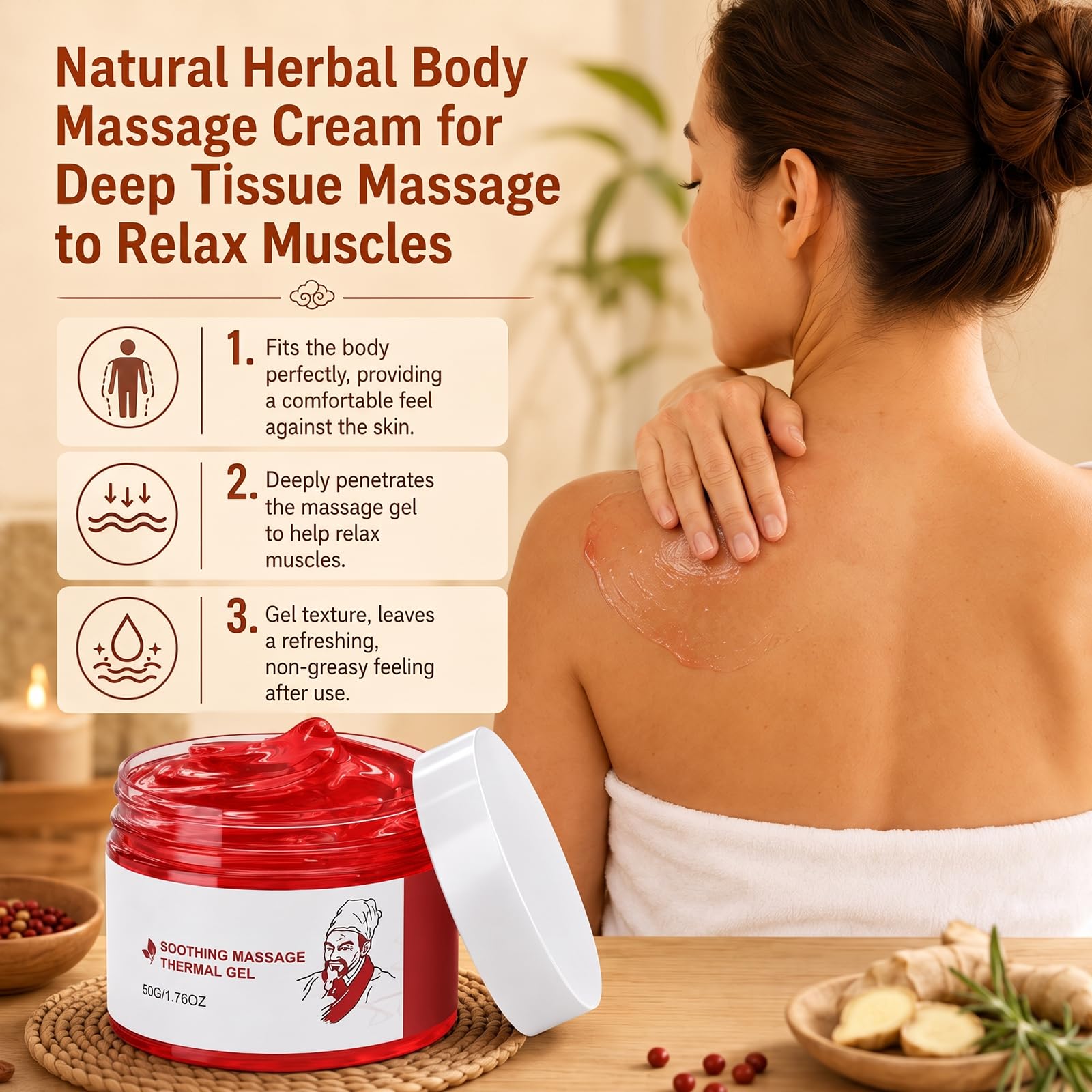 Herbal warming massage gel for body by Weispo, moisturizing cream in a 2-piece set, with smooth, gel texture and herbal scent.