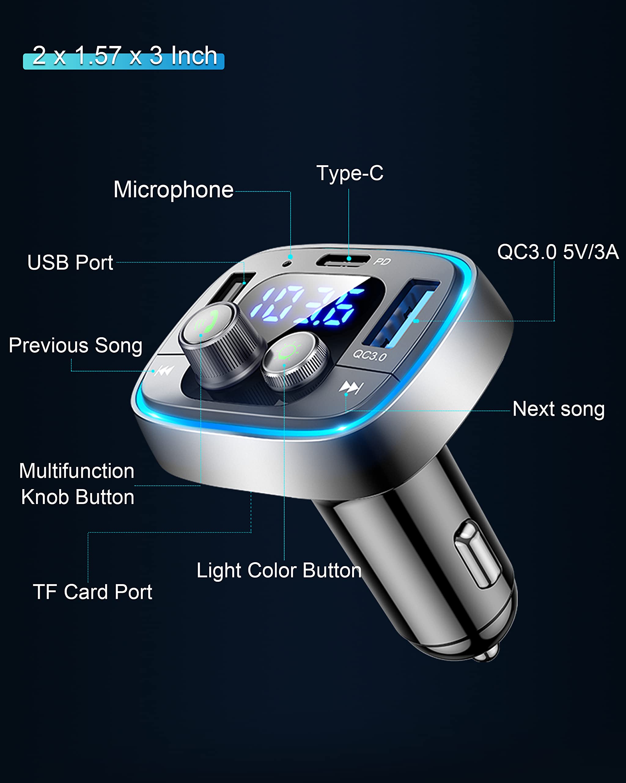 LIHAN Bluetooth Car Adapter 5.4, FM Transmitter, 48W PD/QC Charge by LIHAN - Angle View 9
